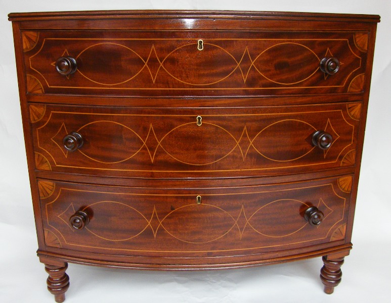 024. Antique Georgian Mahogany and Satinwood Bow Front Chest Circa 1800