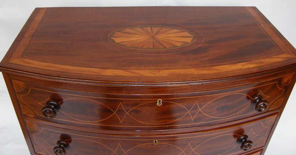 024. Antique Georgian Mahogany and Satinwood Bow Front Chest Circa 1800 - Image 3
