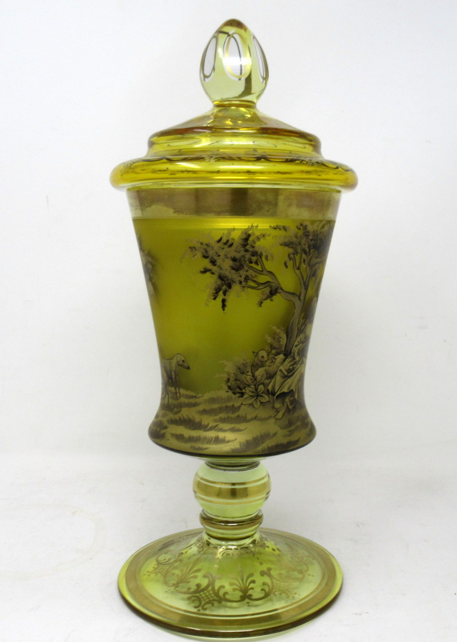 667 Sold Antique Vintage Bohemian Amber Engraved Glass Goblet Urn Vase Landscape Scene - Image 2