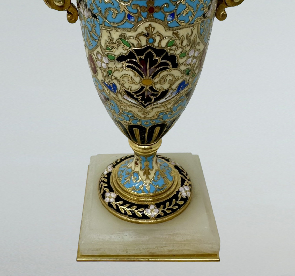 022 Sold Antique Pair French Cloisonne Champlevé Alabaster Ormolu Gilt Bronze Vase Urns - Image 4