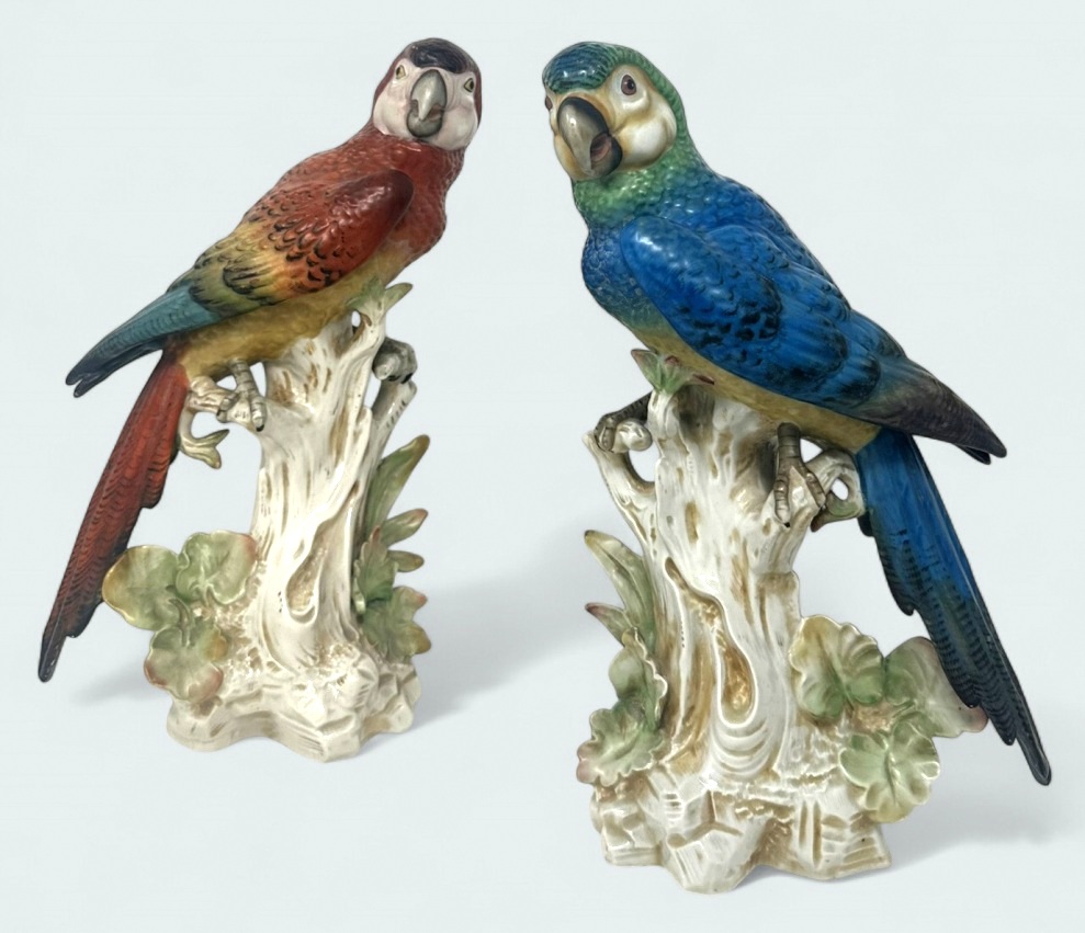 262 Sold Pair Antique German Porcelain Birds Parakeets Cockrels Cockatoos Parrots 19Ct - Image 7