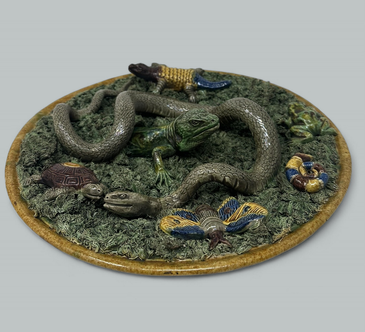 579 Sold Antique Majolica Palissy Portuguese Charger by Jose A Cunha Butterfly Snake 1905 - Image 2