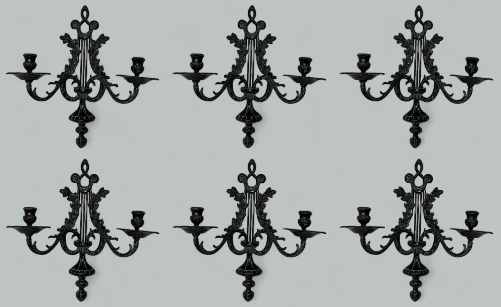 077 Sold Antique Set Six Patinated Bronze French Twin Light Wall Candle Sconces Appliques - Image 2