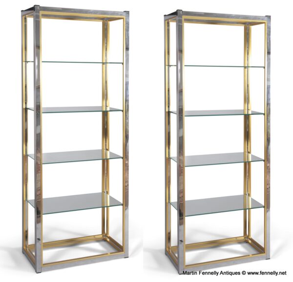 M129 Pair Hollywood Regency Étagères in Brass and Smoked Glass by Renato Zevi