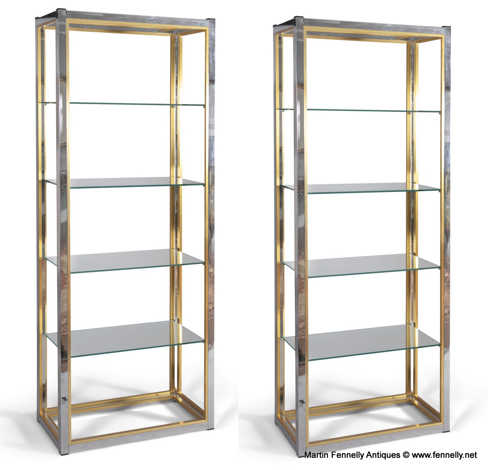 M129 Pair Hollywood Regency Étagères in Brass and Smoked Glass by Renato Zevi