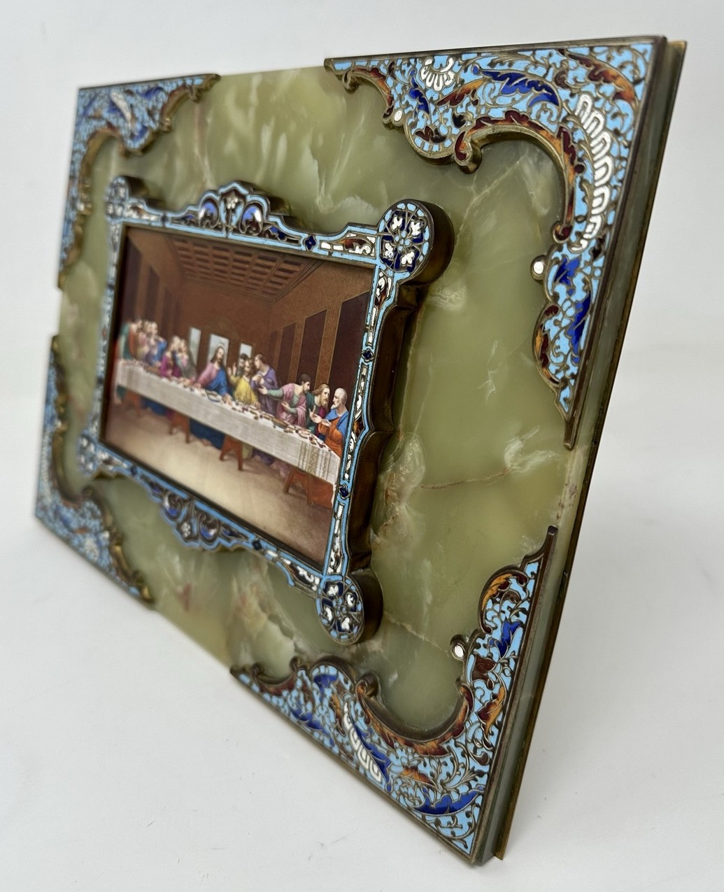 877 Antique Religious Grand Tour Plaque Last Supper Painting Alabaster Champleve - Image 5