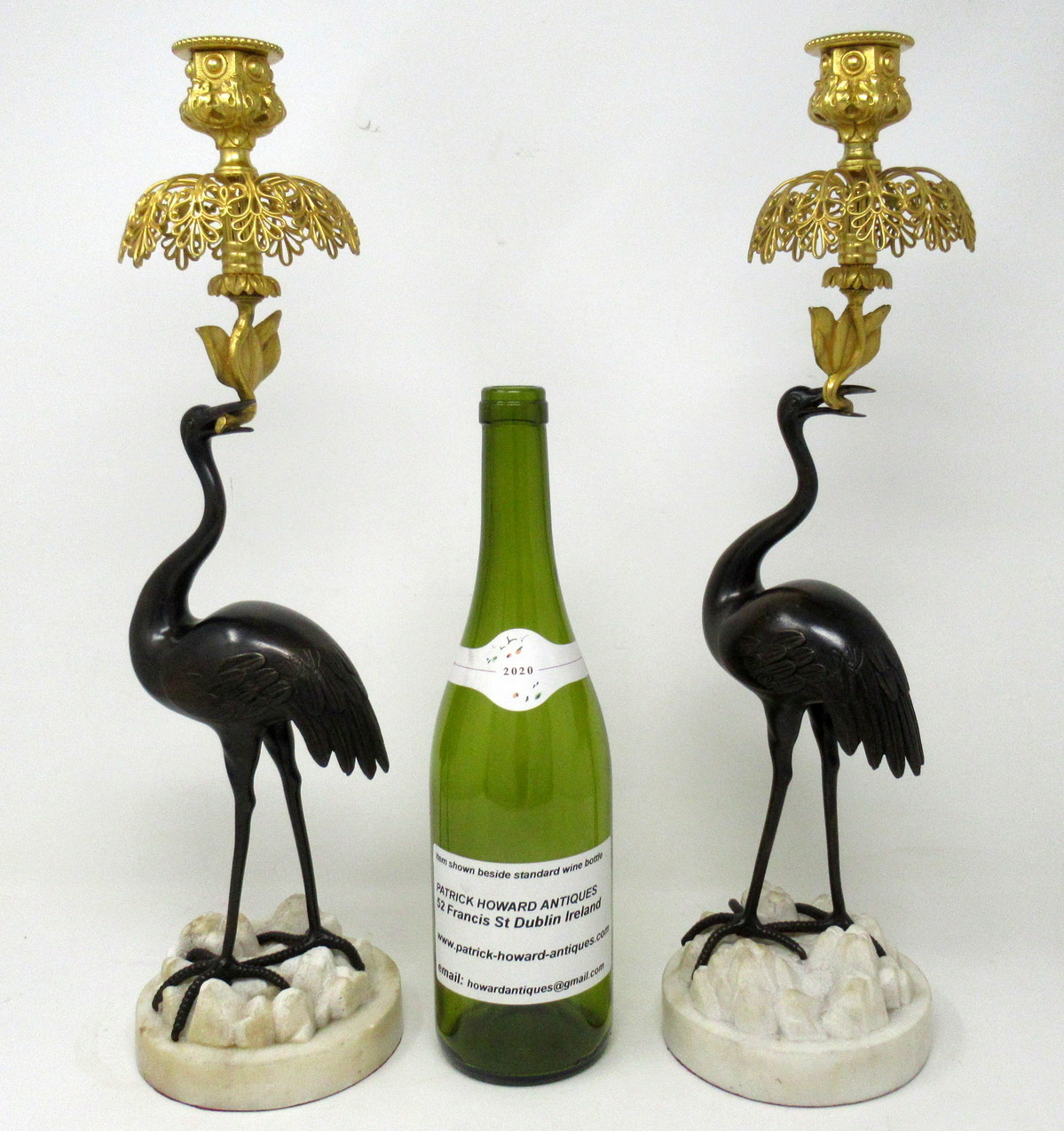 455 Sold Antique Pair of English Ormolu Gilt Bronze Candlesticks Storks Cranes by Abbot - Image 8