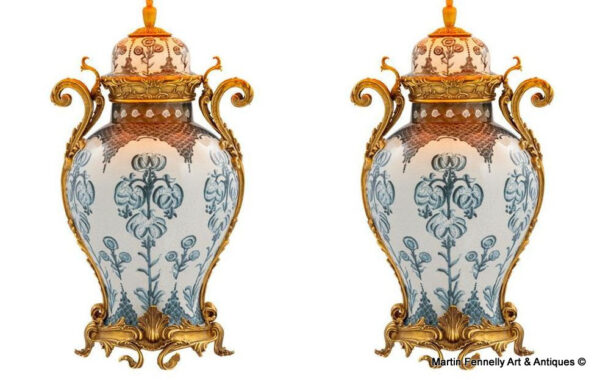 M072 Pair Large Ceramic and Gilt Table Lamps - French Empire Design