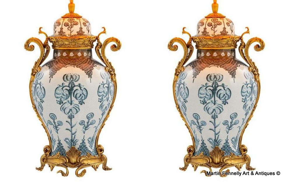 M072 Pair Large Ceramic and Gilt Table Lamps - French Empire Design