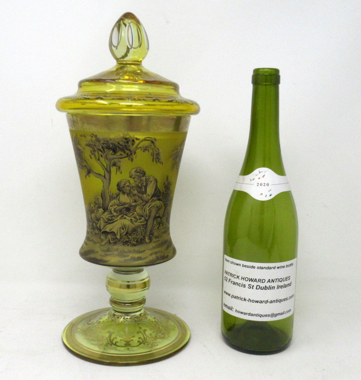 667 Sold Antique Vintage Bohemian Amber Engraved Glass Goblet Urn Vase Landscape Scene - Image 9