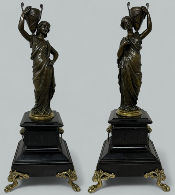 152 Antique Pair Figurel French Bronze Ormolu Marble Classical Maiden Female Figures