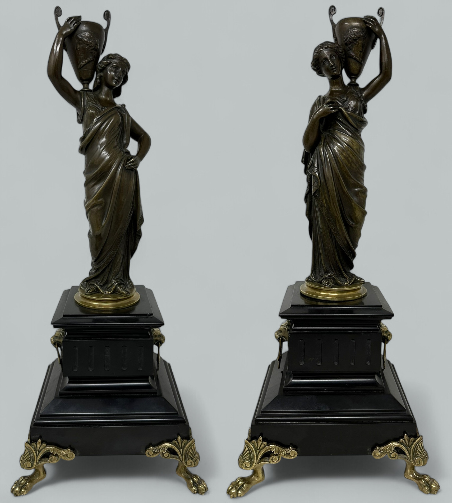 152 Antique Pair Figurel French Bronze Ormolu Marble Classical Maiden Female Figures
