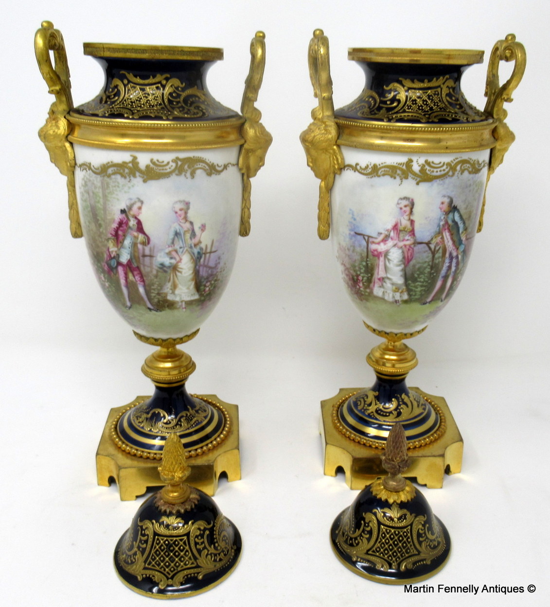 446 Sold Pair French Sevres Hand Painted Porcelain Ormolu Mounted Urns late 19thCt - Image 5