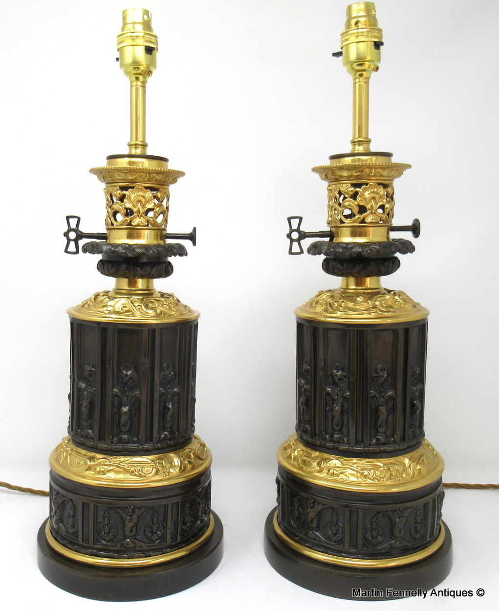 440 Sold Pair French Patinated Bronze Electric Table Lamps Ormolu Mounts 19thCt