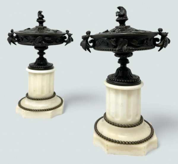 574 Sold Pair French Grand Tour Ormolu Bronze Dore Statutory Marble Tazza Urns Vases 19Ct