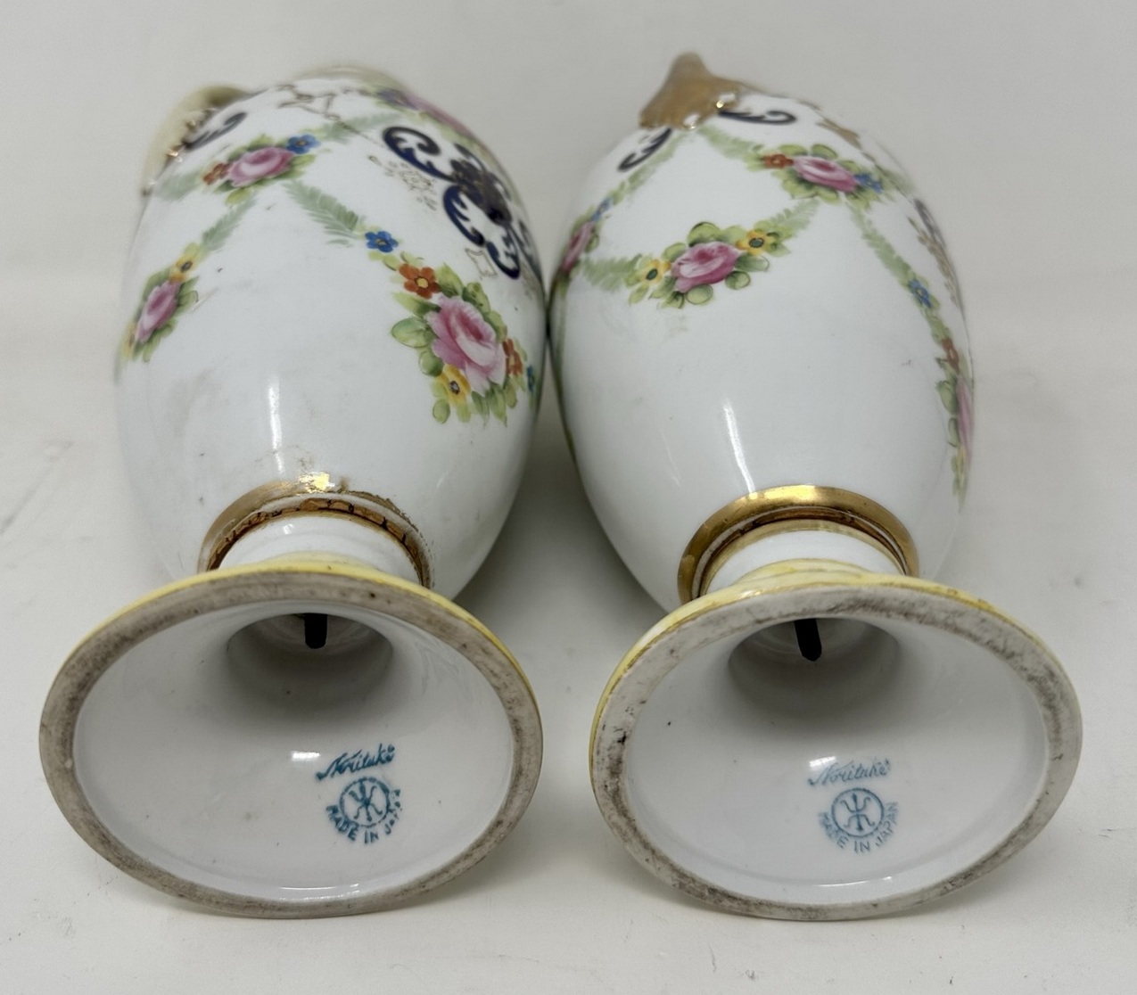 238 Antique Pair Japanese Noritake Hand Painted Vases Urns Centerpieces Pink Roses - Image 7