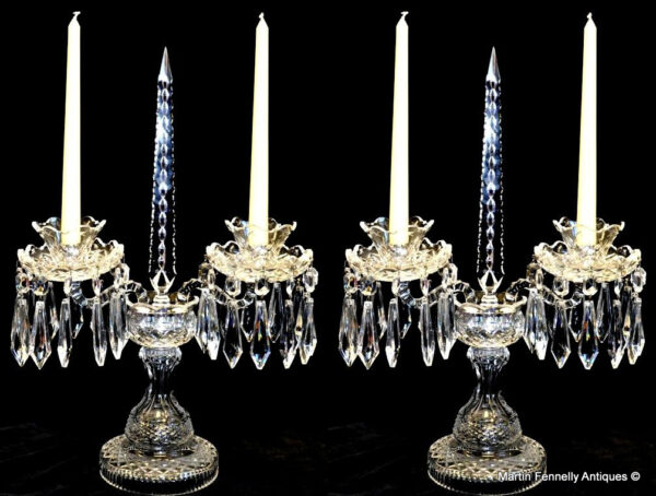 588 Sold Stunning Pair Irish Waterford Crystal Hand Cut Crystal Twin Arm Candelabra 20thCt