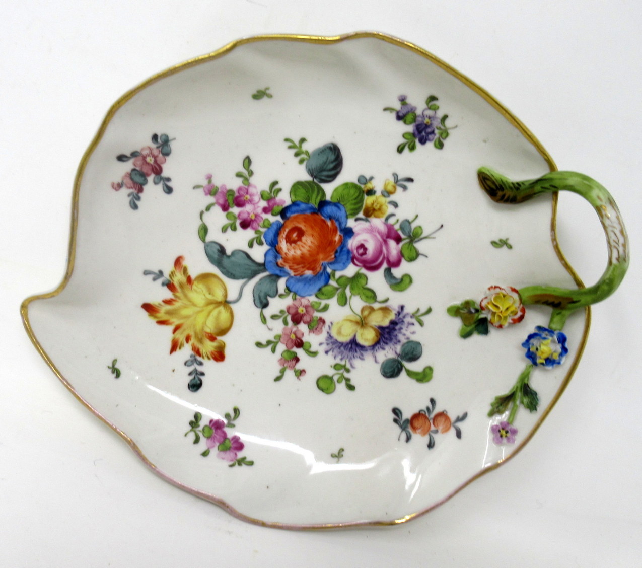 066 Antique Pair German Dresden Meissen Still Life Flowers Cabinet Leaf Form Plates - Image 2