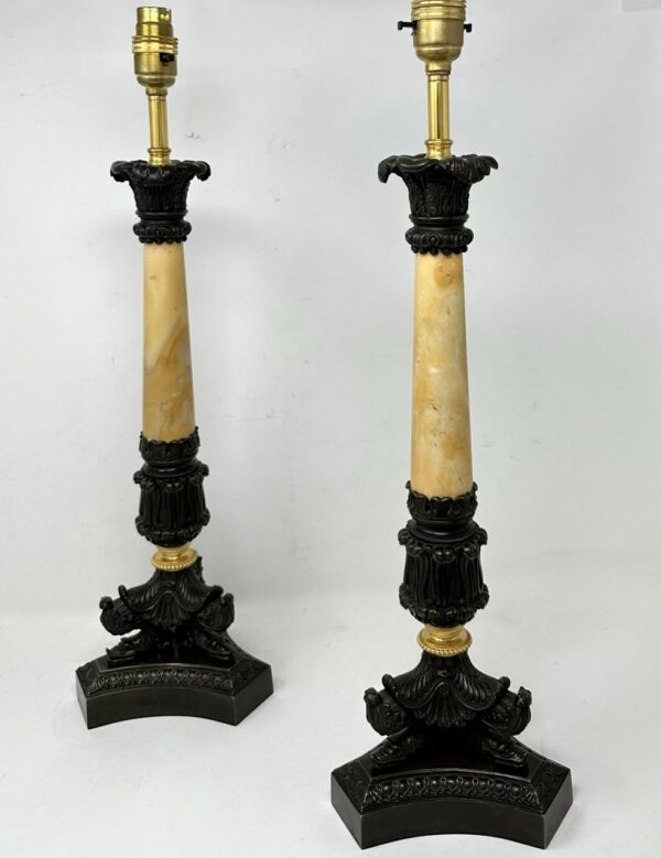 224 Sold Antique Pair of French Doré Bronze Ormolu Sienna Marble Candlesticks Table Lamps