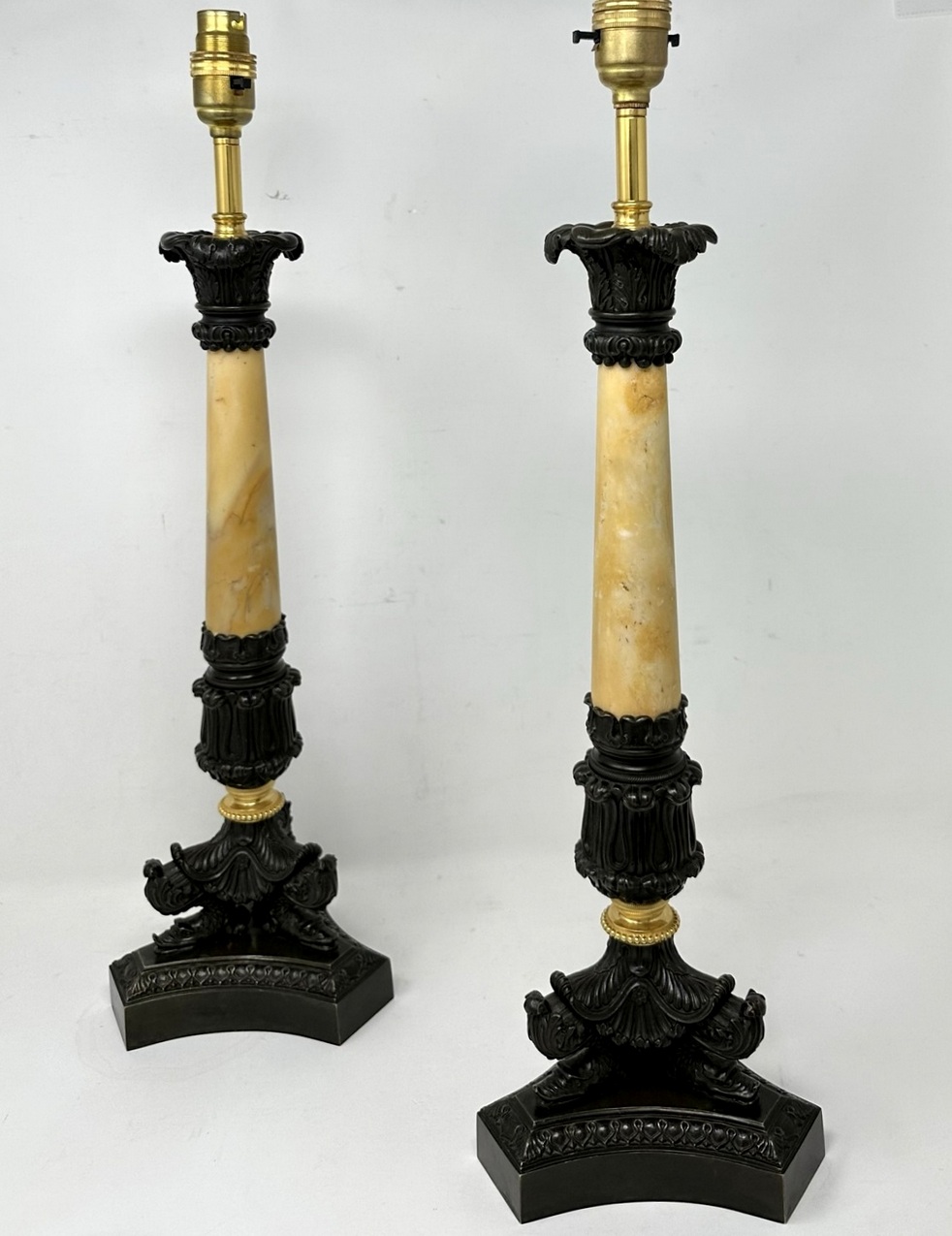224 Sold Antique Pair of French Doré Bronze Ormolu Sienna Marble Candlesticks Table Lamps