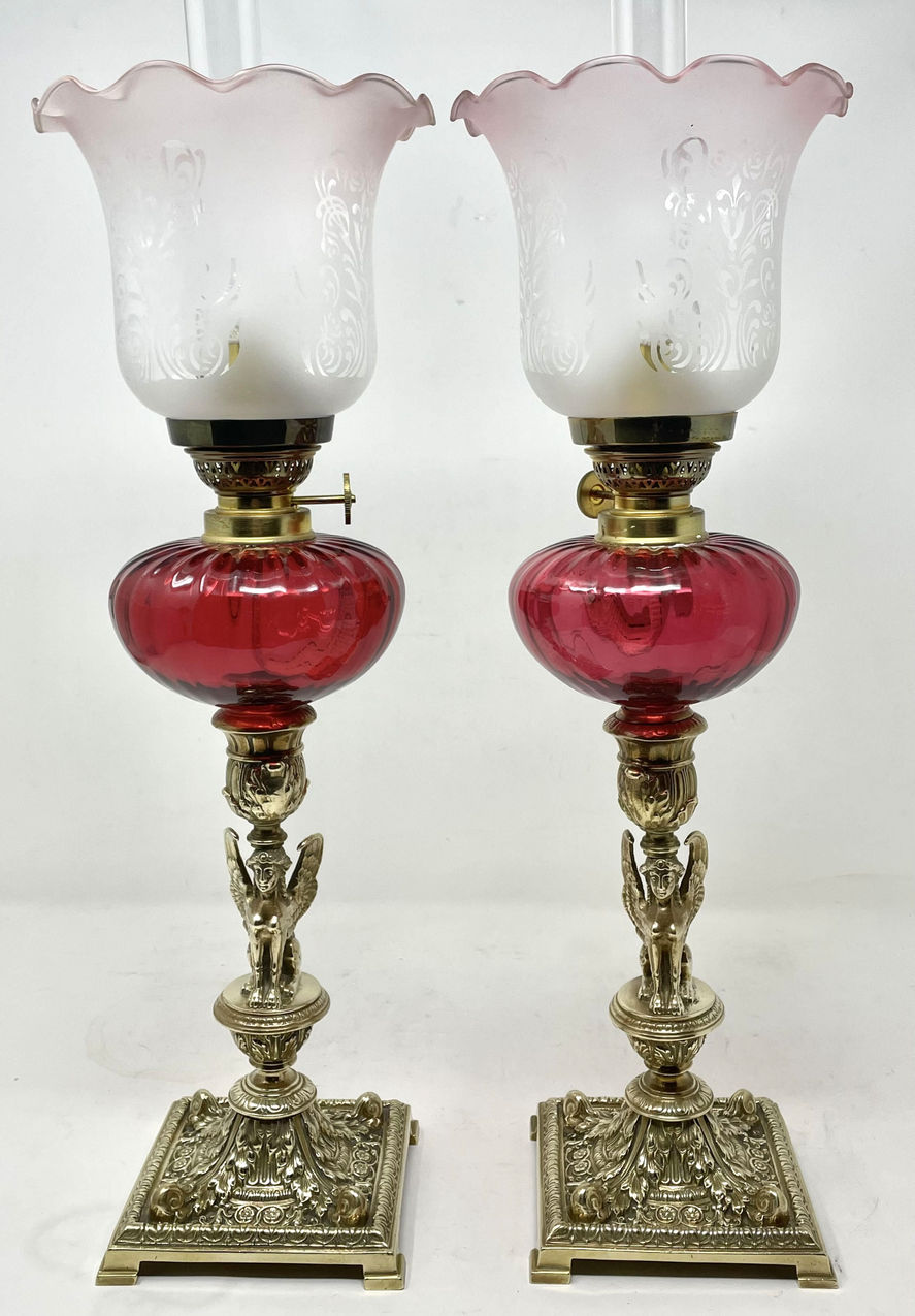 153 Sold Pair Antique Grand Tour French Brass Egyptian Sphinx Oil Lamps Cranberry Glass - Image 3
