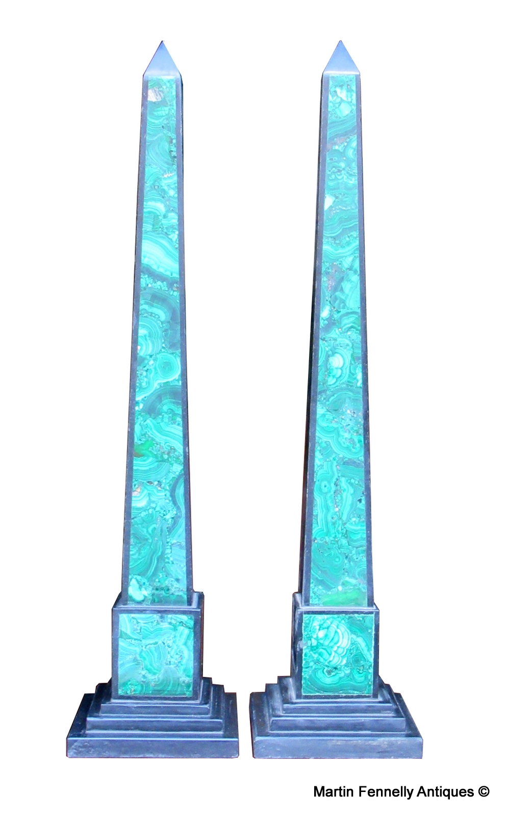 963 Pair of Black Marble and Malachite inlaid Obelisks - Image 2