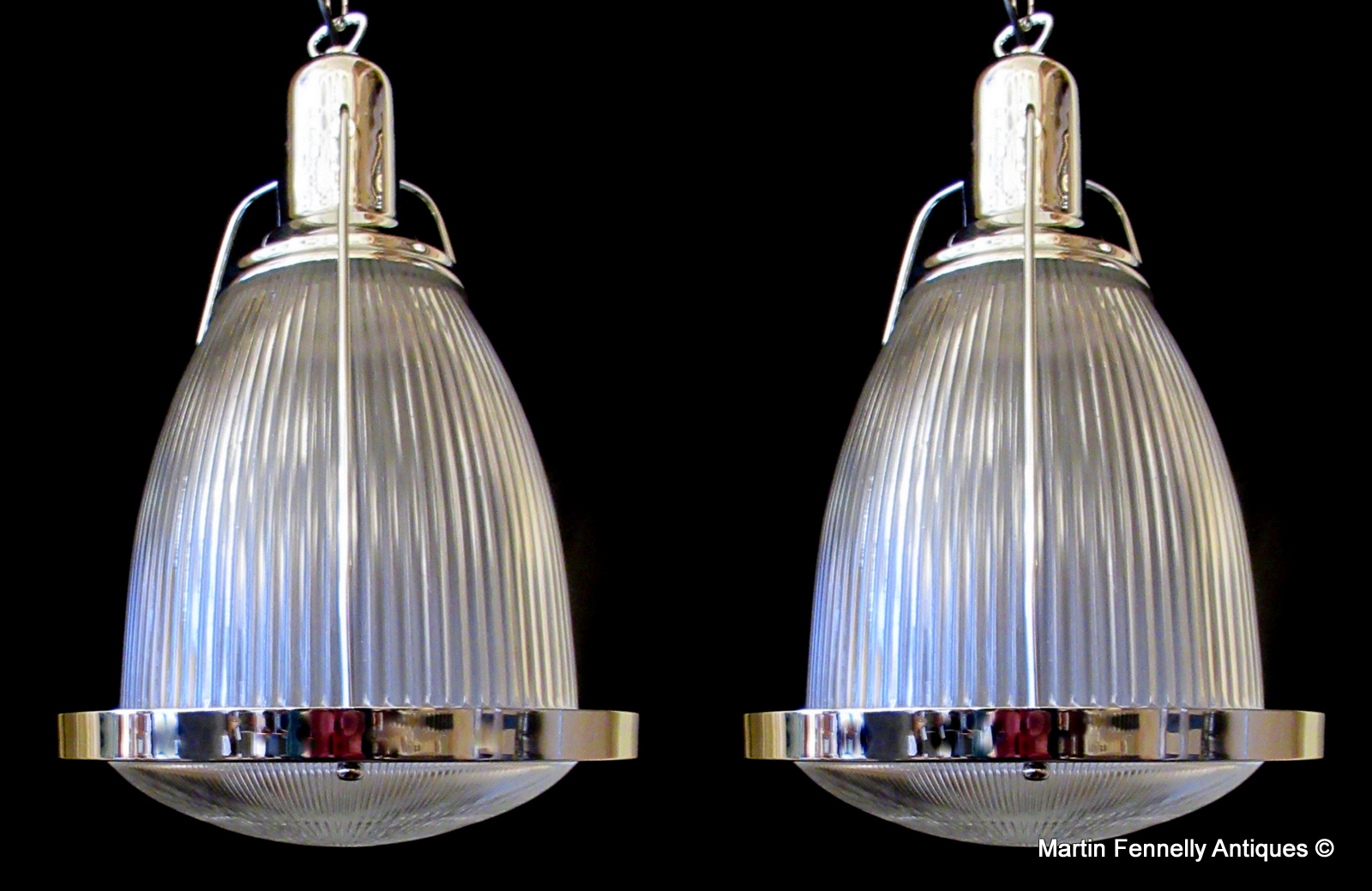 170 Superb Pair of Prismatic Glass and Chrome Lanterns - English