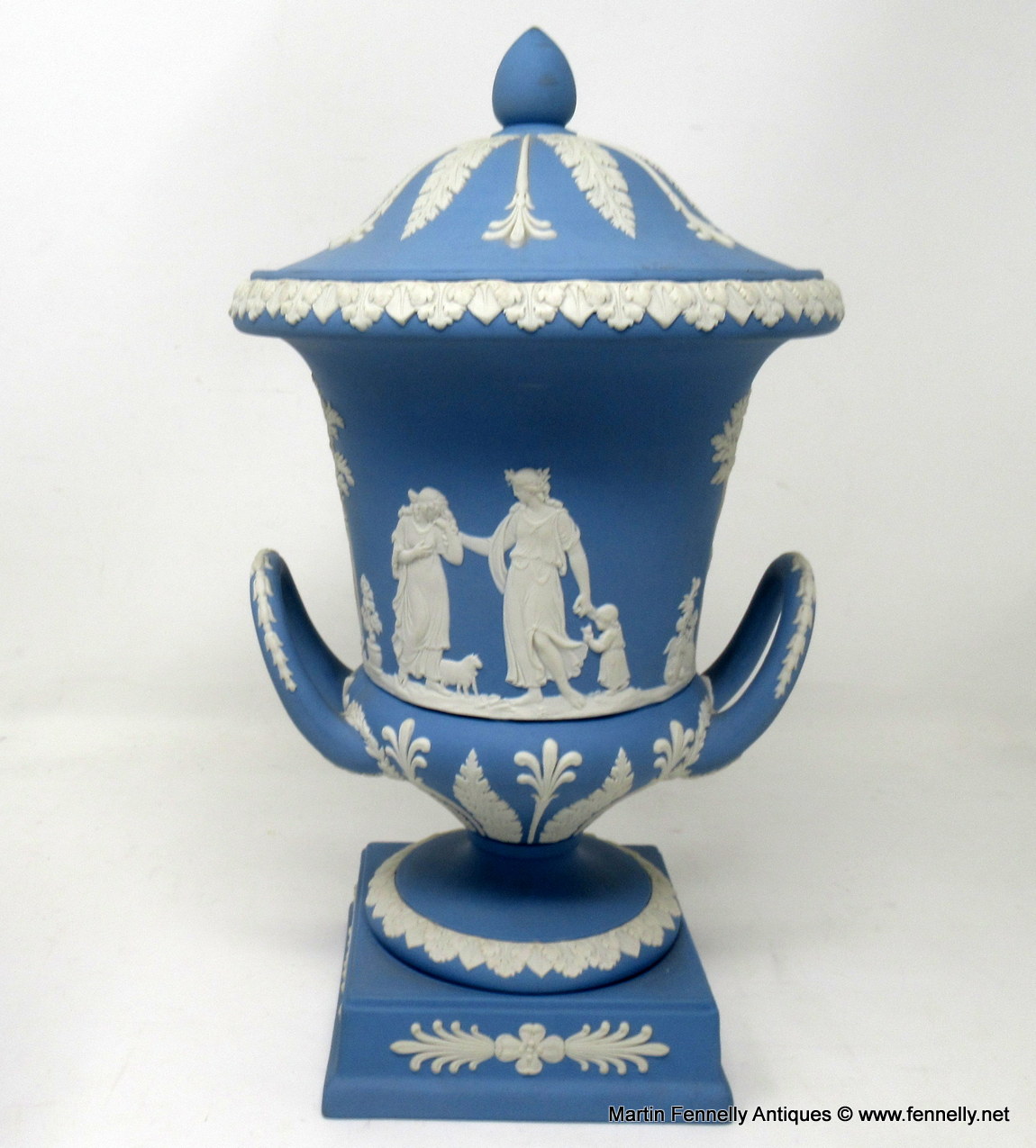 307 Antique Pair of Blue Wedgwood Jasperware Ceramic Urns Vases Mythological Classical Scenes - Image 3