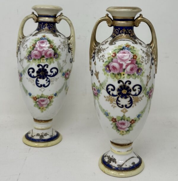 238 Antique Pair Japanese Noritake Hand Painted Vases Urns Centerpieces Pink Roses