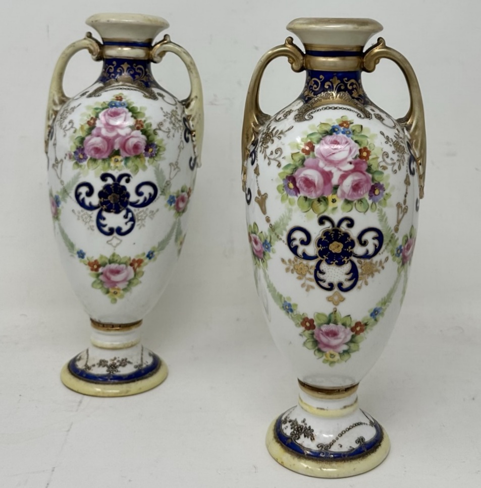 238 Antique Pair Japanese Noritake Hand Painted Vases Urns Centerpieces Pink Roses