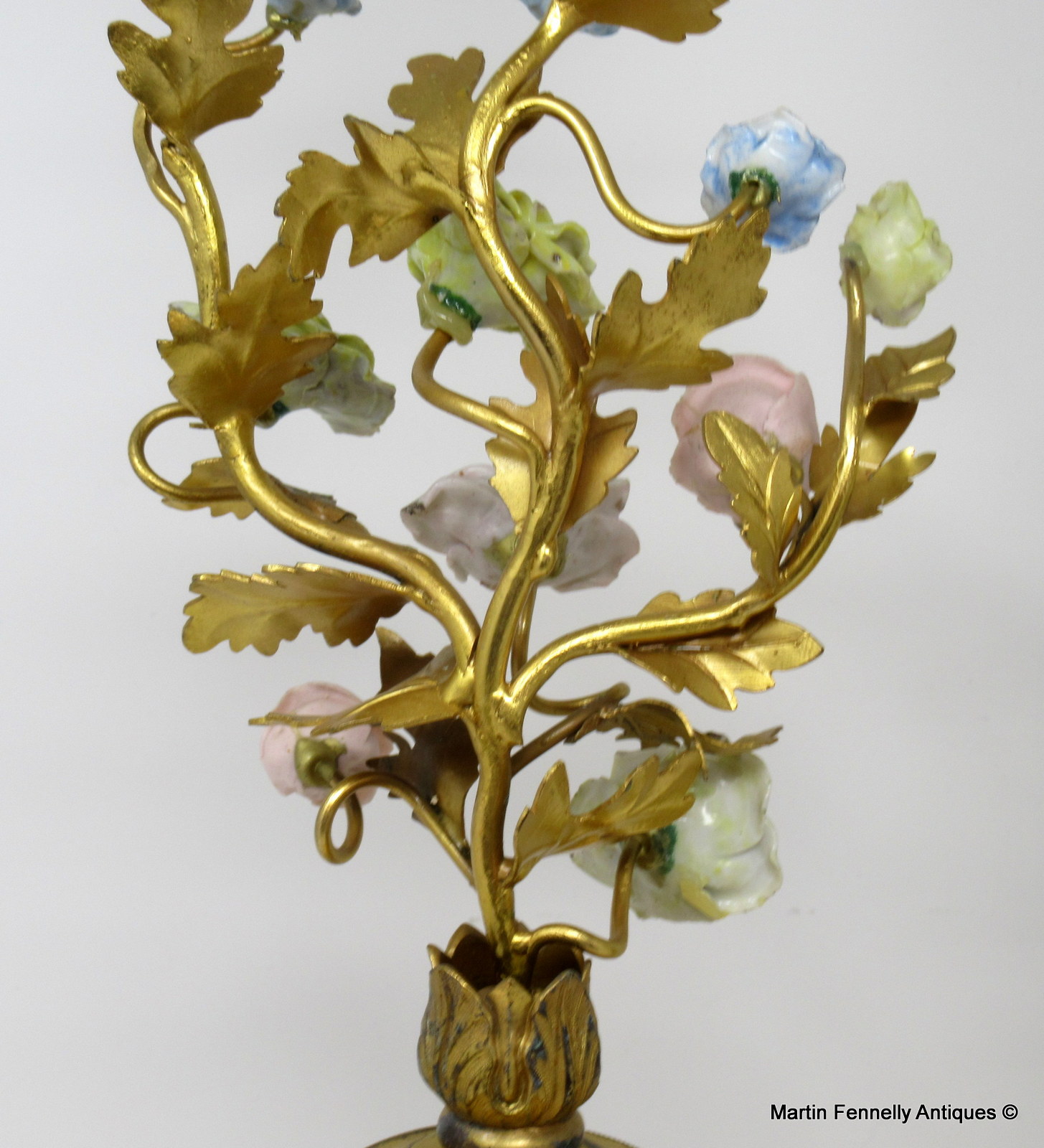 384 Sold Superb Pair of French First Empire Candlesticks- Ormolu and Porcelain Flowers Circa 1810 - Image 7