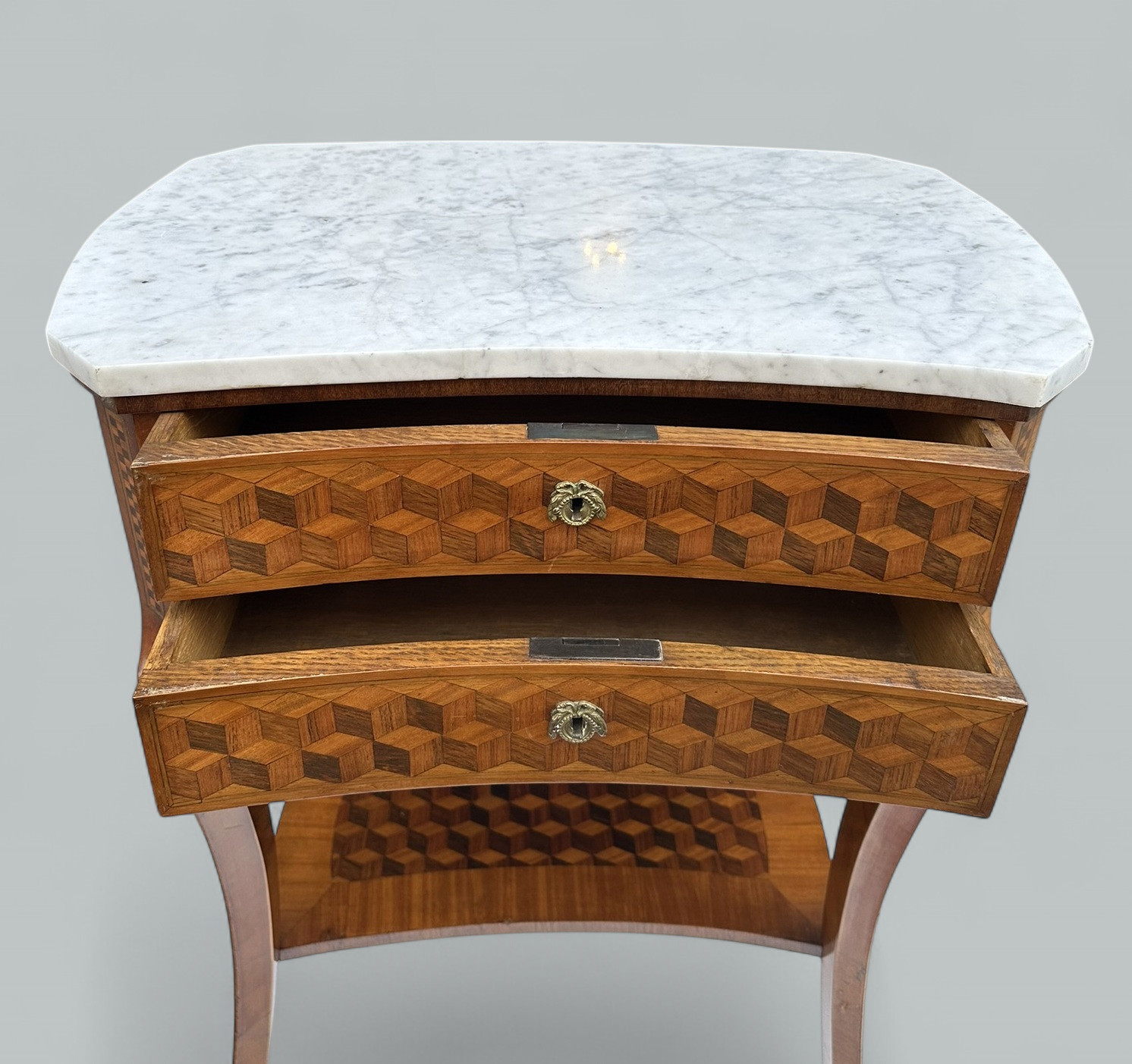 470 Sold Antique French Marquetry Marble Top Kingwood Bedside Cabinets Locker Nightstands - Image 5