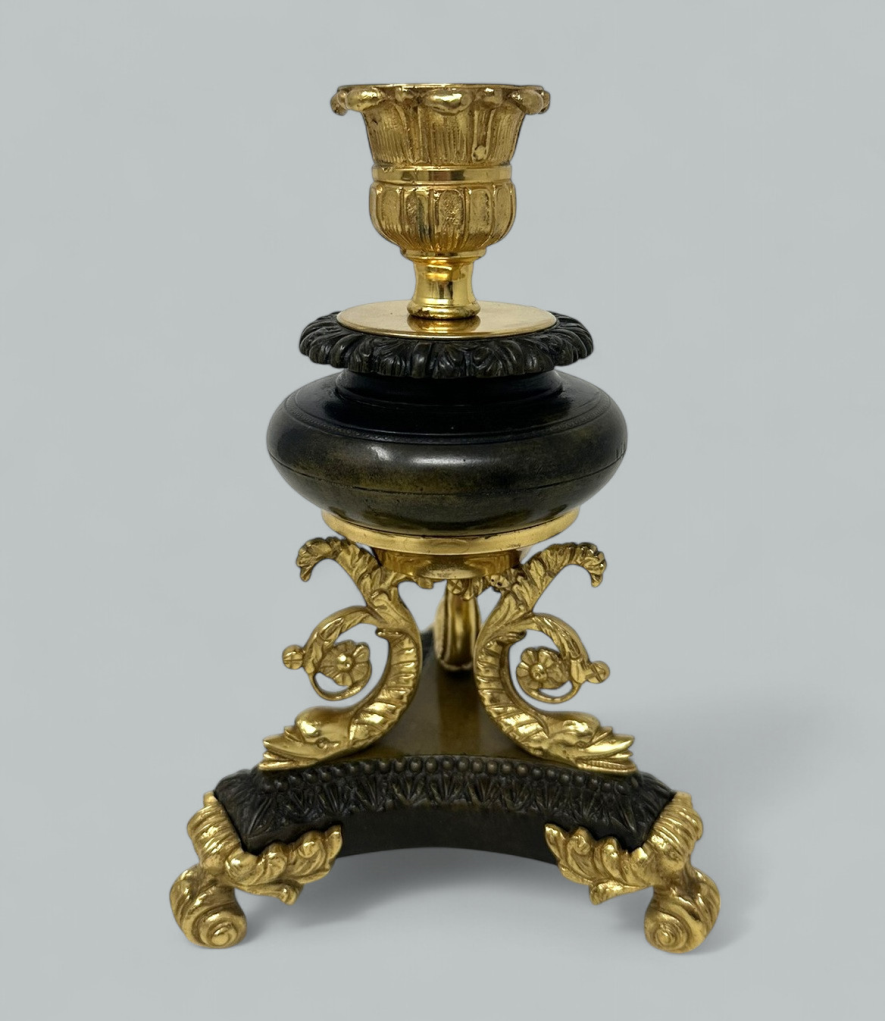 431 Sold Antique Pair French Ormolu Gilt Bronze Dore Empire Candlesticks with Dolphins - Image 5