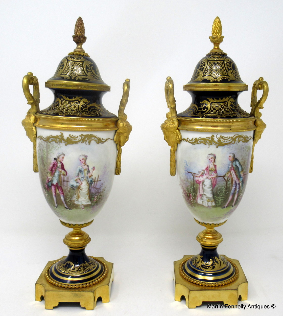 446 Sold Pair French Sevres Hand Painted Porcelain Ormolu Mounted Urns late 19thCt - Image 2