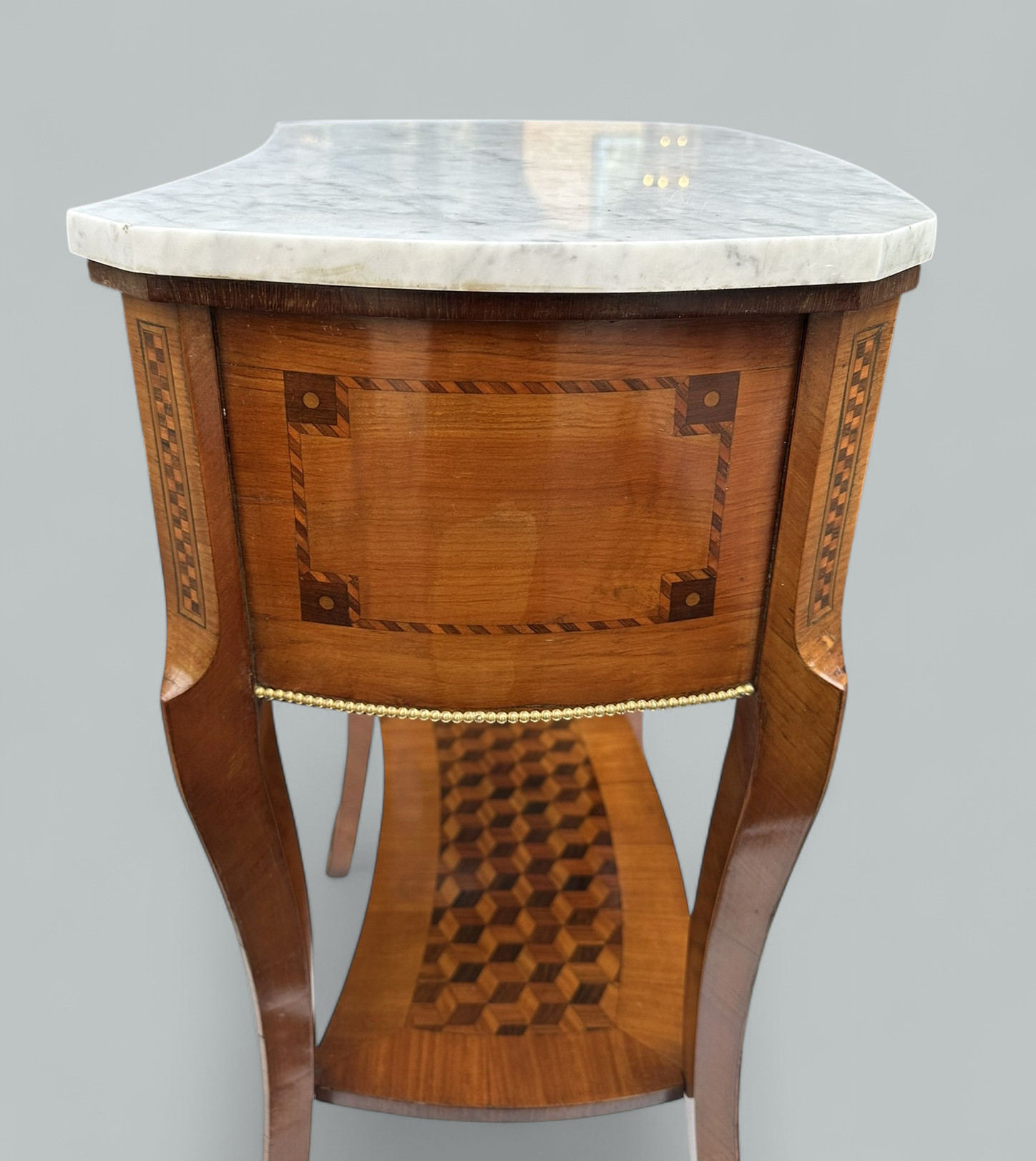 470 Sold Antique French Marquetry Marble Top Kingwood Bedside Cabinets Locker Nightstands - Image 7