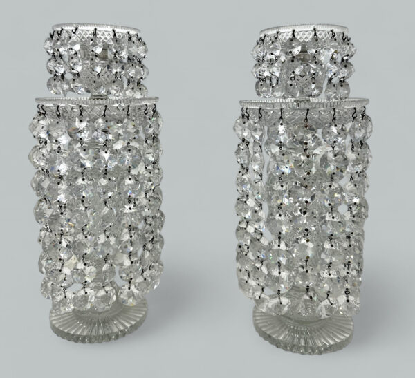 798 Sold Antique Pair English Regency Candlesticks Crystal Glass Lusters Atrb John Blades