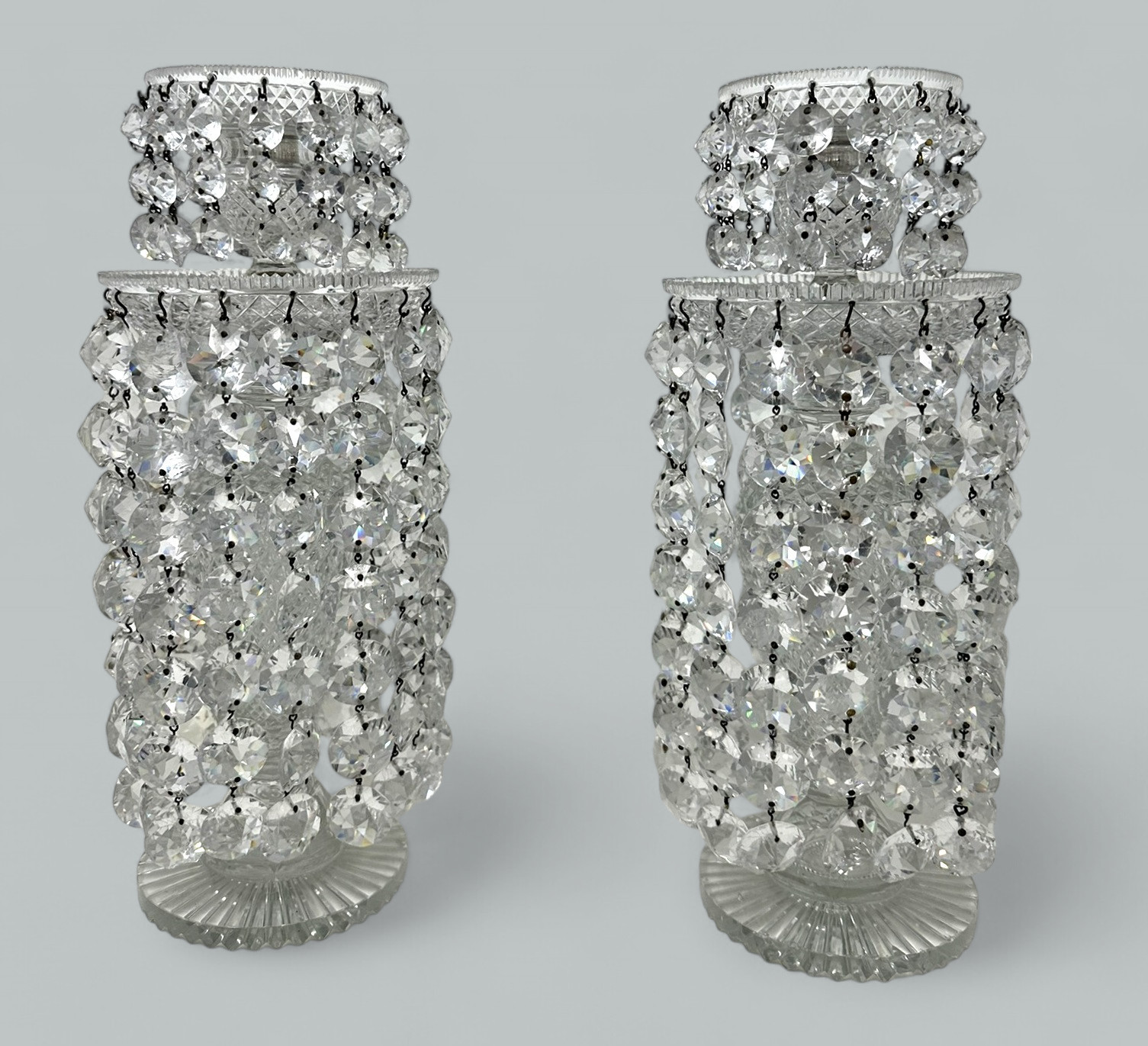 798 Sold Antique Pair English Regency Candlesticks Crystal Glass Lusters Atrb John Blades