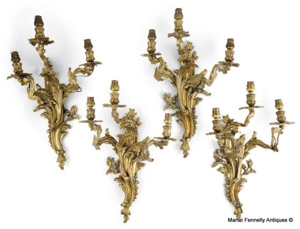 309 Sold Fine Set Four French Ormolu Three Light Wall Lights late 19thCt