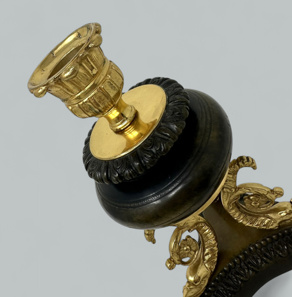 431 Sold Antique Pair French Ormolu Gilt Bronze Dore Empire Candlesticks with Dolphins - Image 6