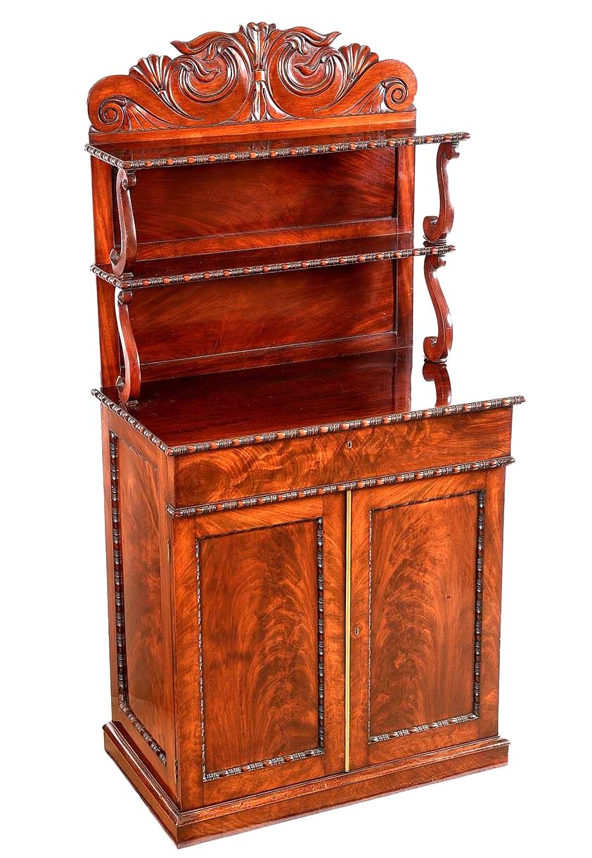 655 Flame Mahogany Twin Door English Carved Chiffonier Sidecabinet Late Regency