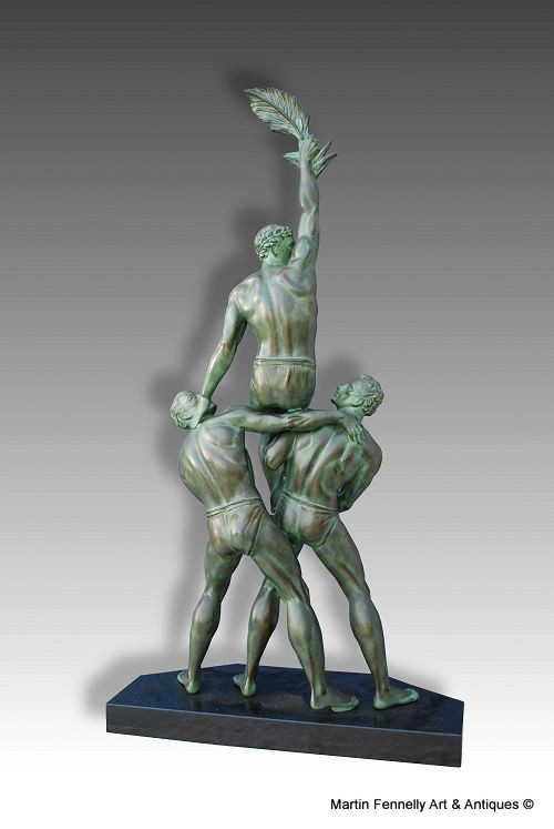 128 Sold Pierre Le Faguays 'Tropheé' a green patinated bronze figural Group, circa 1925 - Image 2