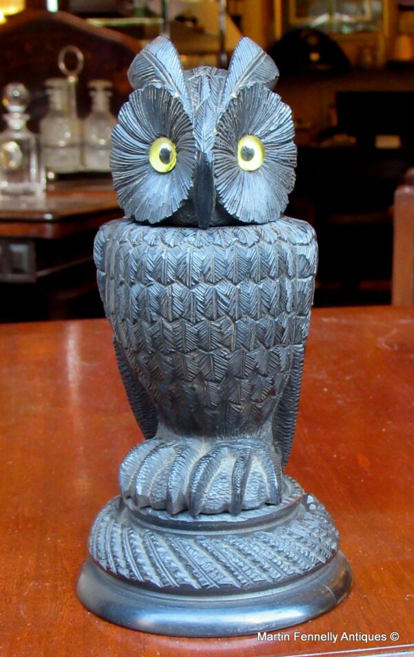 033 Sold Rare large Irish Bog Oak Hand Carved Owl Mid 19th Ct