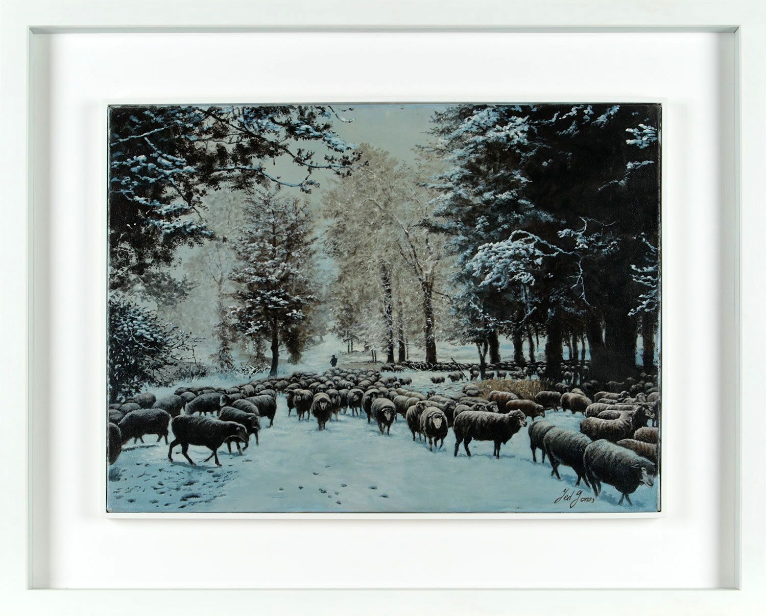 959 Ted Jones - Oil on Canvas - Driving Sheep Winter - Circa 1992 - Image 2