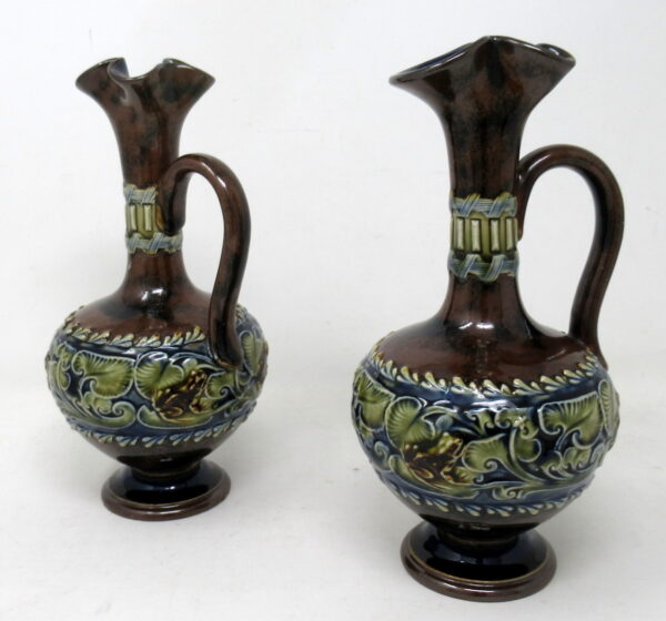 106 Pair English Porcelain Royal Doulton Art Nouveau Ewers Pitchers Urns