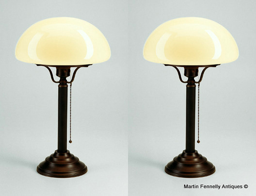 M015 Pair Art Deco Style - Column Lamps - Bronze and Ivory Shades - Superb Design