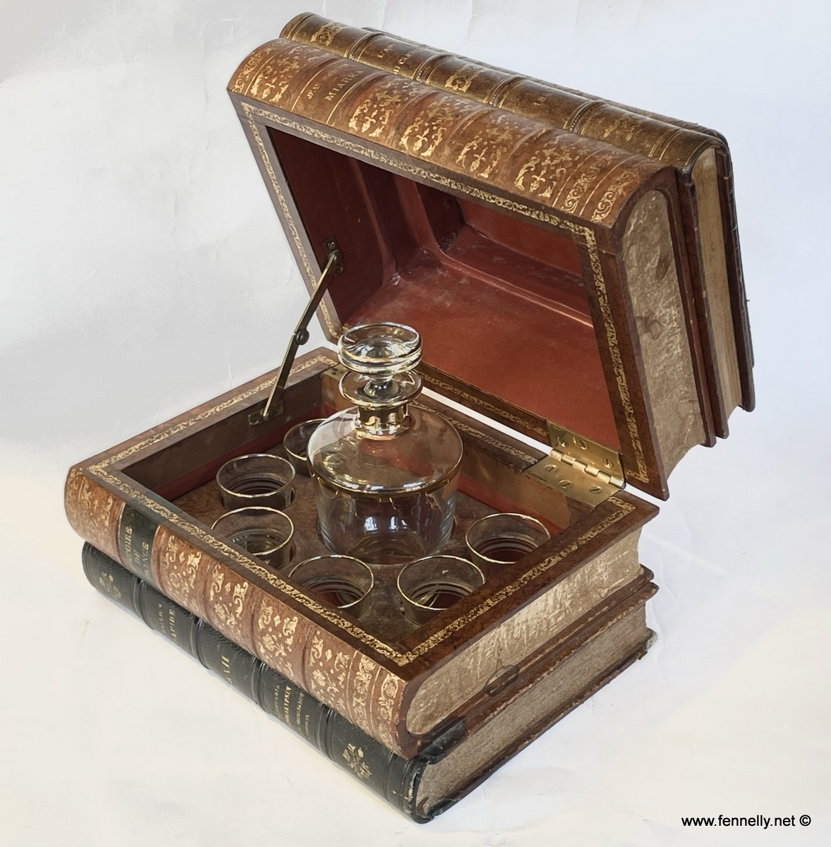 985 Sold Antique French Large Trompe l’Oeil Books Liquor Caddy Tantalus