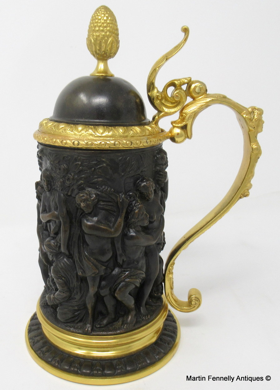 288 Sold French Grand Tour Bronze Ormolu Tankard Bacchanalian Revel Banquet 19Ct