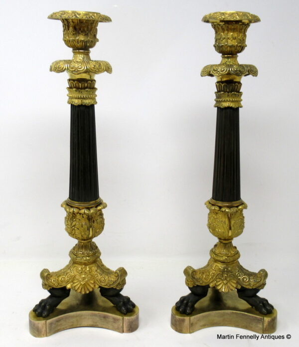 762 Sold Superb Pair French Ormolu Patinated Bronze Empire-Style Candlesticks 19Ct possibly Regency