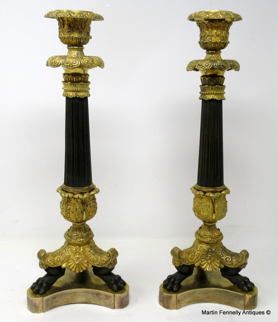 762 Sold Superb Pair French Ormolu Patinated Bronze Empire-Style Candlesticks 19Ct possibly Regency