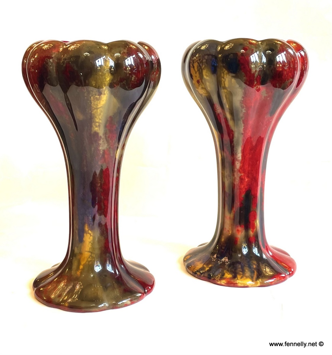 343 Sold Antique Pair English Porcelain Royal Doulton Ceramic Art Deco Flambe Vases Urns - Image 2